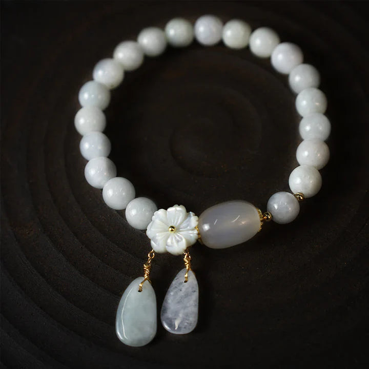 Original Grade A Jadeite Bracelet with 14K Gold Filled Dangles & Hand-Carved Shell Flower Charm – Oriental Serenity Jewelry