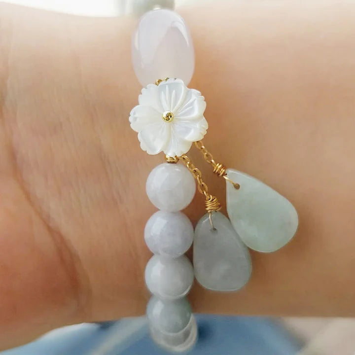 Original Grade A Jadeite Bracelet with 14K Gold Filled Dangles & Hand-Carved Shell Flower Charm – Oriental Serenity Jewelry
