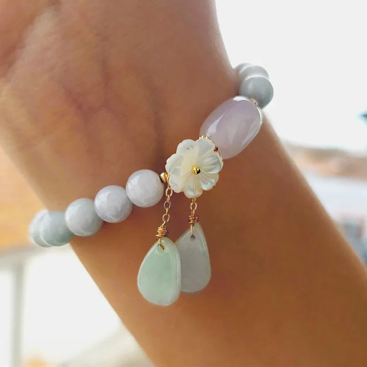 Original Grade A Jadeite Bracelet with 14K Gold Filled Dangles & Hand-Carved Shell Flower Charm – Oriental Serenity Jewelry
